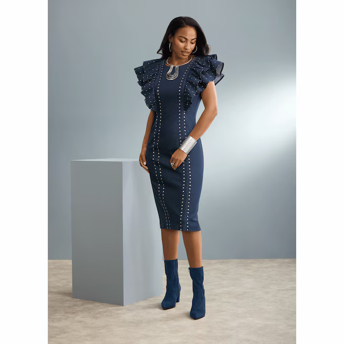Nyra Studded Denim Sheath Dress | Ashro