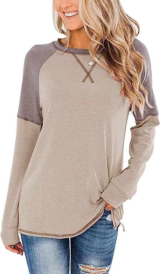 Magritta Women's Casual Color Block Tops Crew Neck Sweater Long Sleeve Tunic Loose Blouses | Amazon (US)
