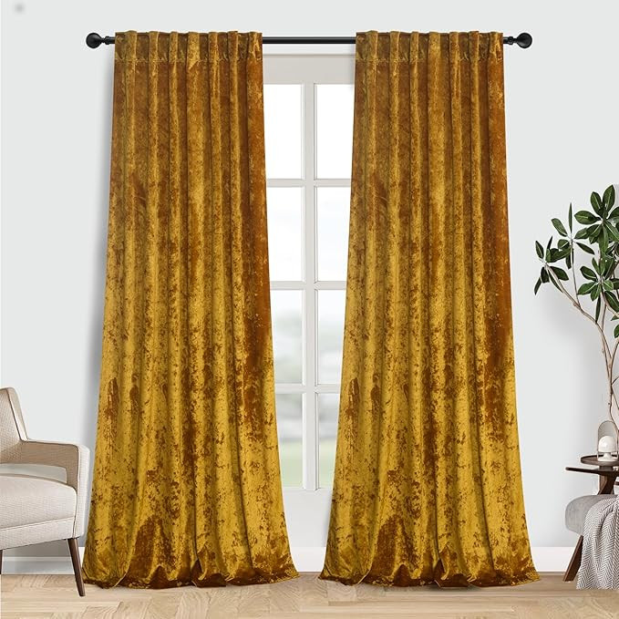 Warm Gold Luxe Crushed Velvet Curtains with Back Tab Thermal Insulation Window Treatments Panels ... | Amazon (US)