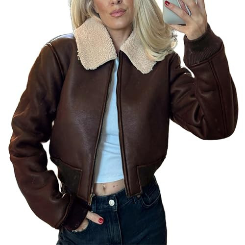 VOIKERDR Brown Leather Jacket Fur Collar Sherpa Lined Jacket Winter Coat | Amazon (US)