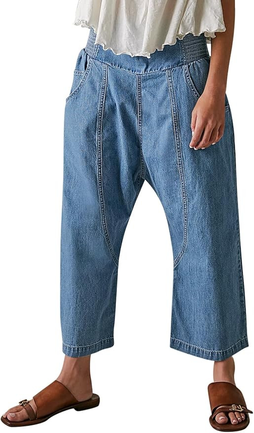 Cicy Bell Womens Wide Leg Cropped Jeans Baggy Boyfriend Smocked Mid Rise Harem Denim Pants | Amazon (US)