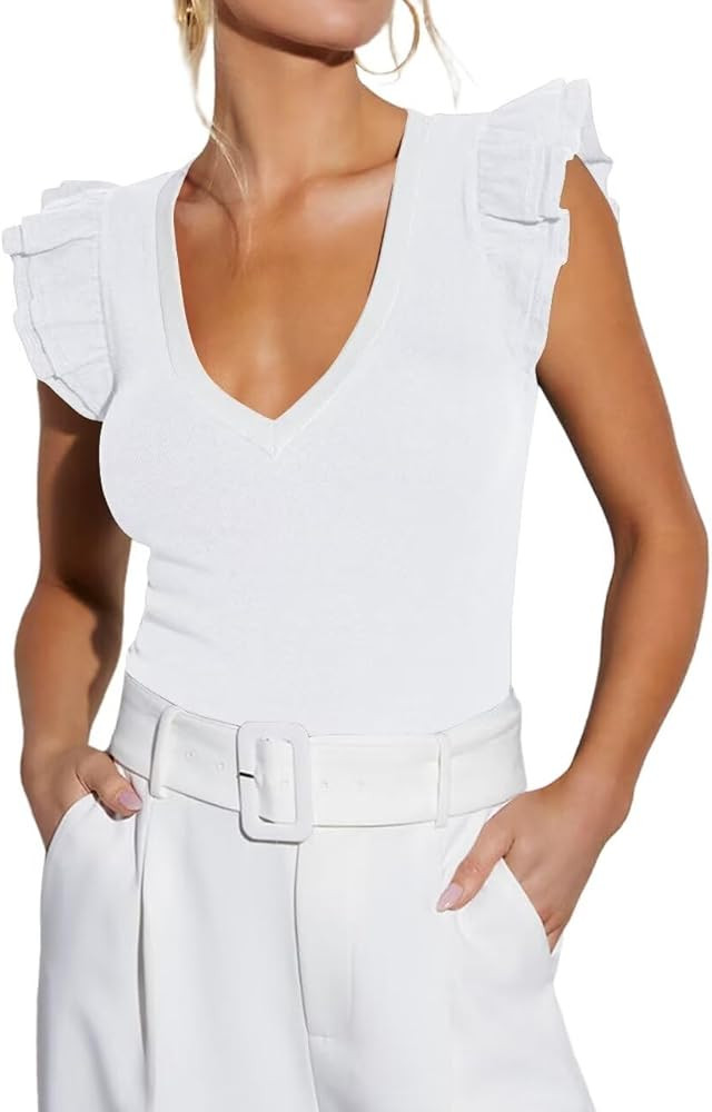 BONITEE Women Summer Ruffle Tops Sexy Deep V Neck Short Sleeve Shirts Trendy Casual Ribbed Slim F... | Amazon (US)