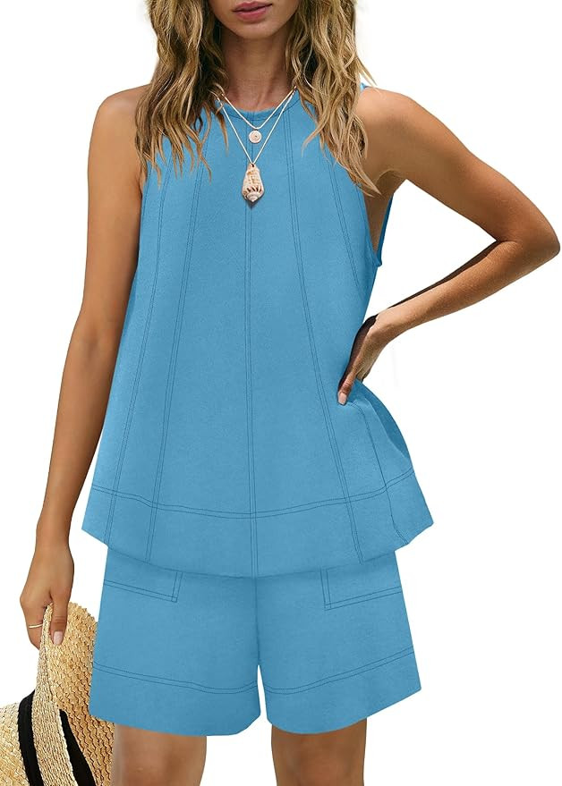 Panadila Womens Summer 2 Piece Sets Beach Vacation Outfits High Neck Tank Top and Shorts Set Reso... | Amazon (US)