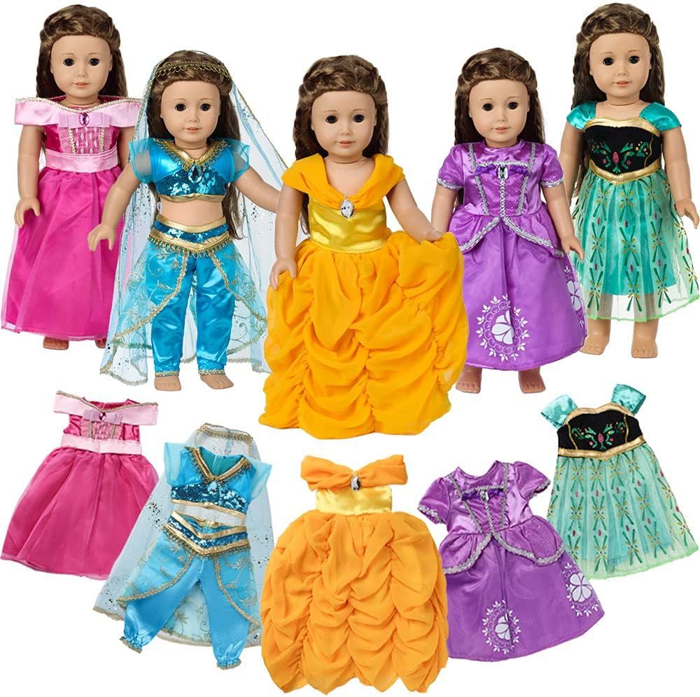 18 Inch Doll Clothes Accessories - 5 Pc Different Princess Costume Dress Set Includes Jasmine,Ann... | Amazon (US)