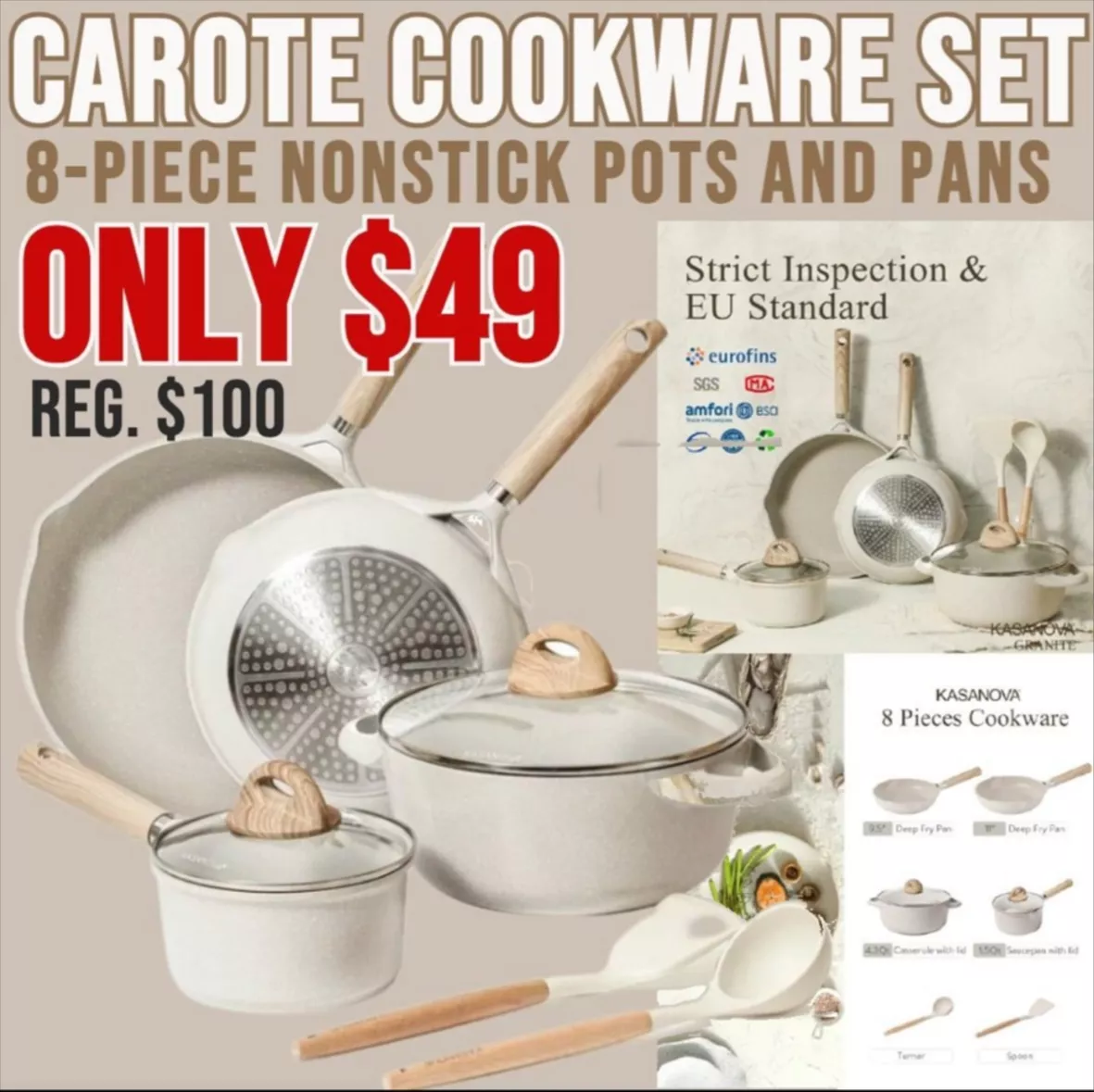 Carote Nonstick Pots and Pans Set, 8 Pcs Non Stick Cookware Set