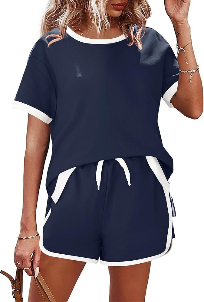 AKEWEI Shorts Sets Women 2 Piece Outfits Casual Short Sleeve Crewneck Tops and Drawstring Shorts ... | Amazon (US)