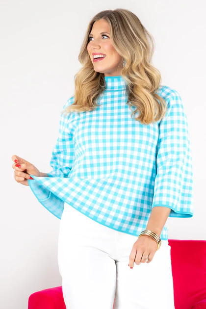 In Bloom Aqua Gingham 3/4 Sleeve Top | The Willow Tree