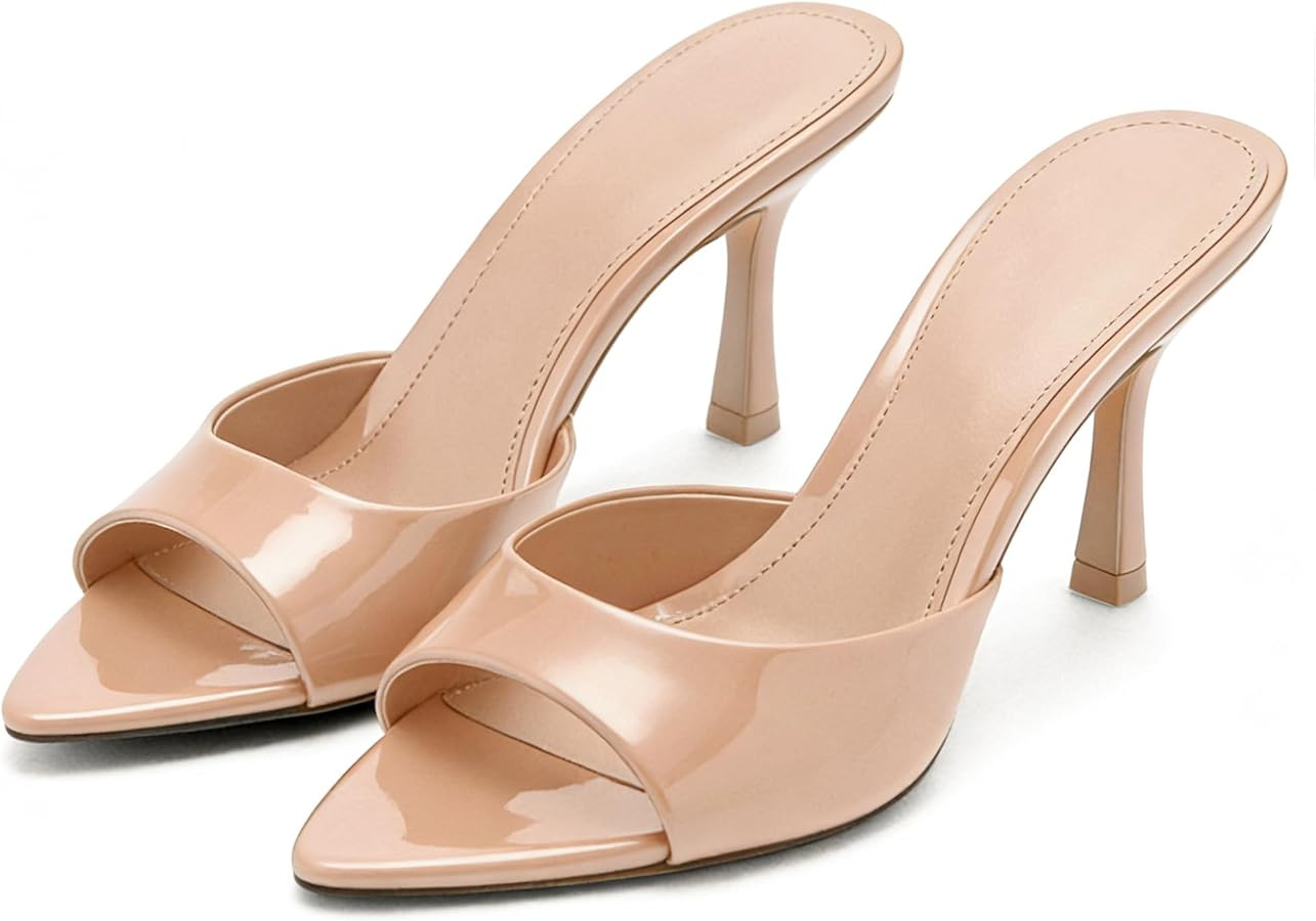 High Heel Mules for Women Slip On Open Pointed Toe Classy Patent Leather Stiletto Pumps Formal Sl... | Amazon (US)
