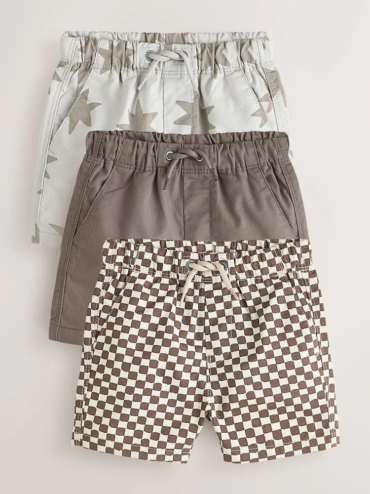 Brown/Star/Checkerboard Pull On Shorts 3 Pack (3mths-7yrs) | Next US