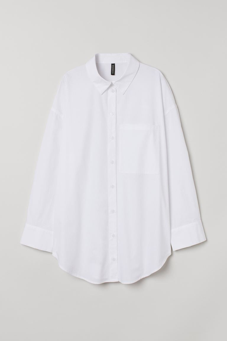Oversized shirt in woven cotton fabric. Collar, buttons at front, and large chest pocket. Dropped... | H&M (US + CA)