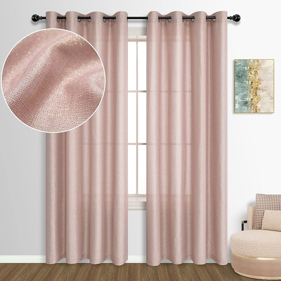 Pink Curtains 108 Inches Long for Living Room 2 Panels Sheer Semi Transparent Sparkle Glam Shimme... | Amazon (US)