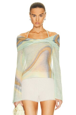SIMKHAI Cambria Mohair Off Shoulder Top in Alabaster Marble Print | FWRD | FWRD 