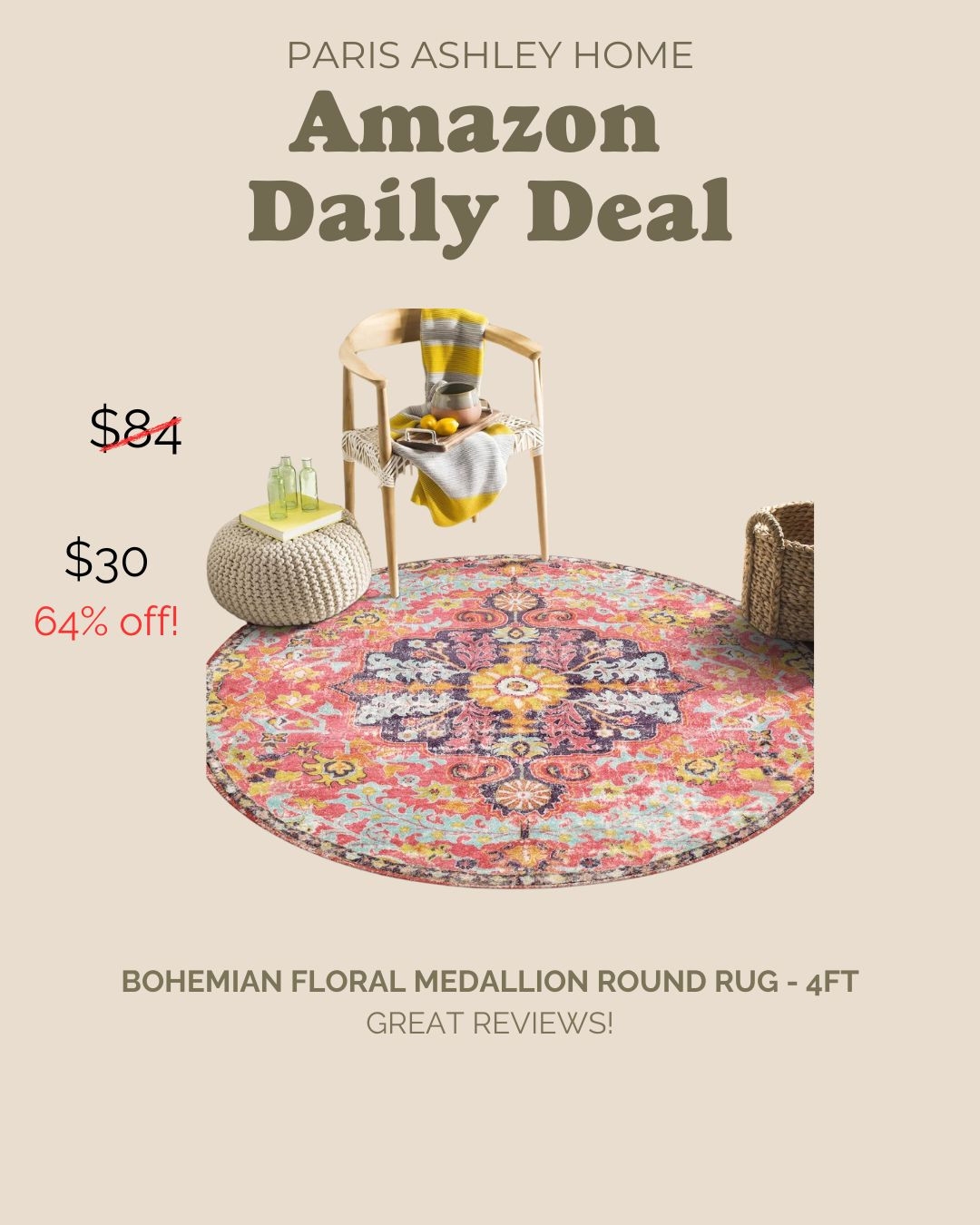 Amazon Daily Deal! Bohemian Floral Medallion Round Rug - 4Ft 

 #LTKSpringSale #LTKHome #LTKSaleAlert