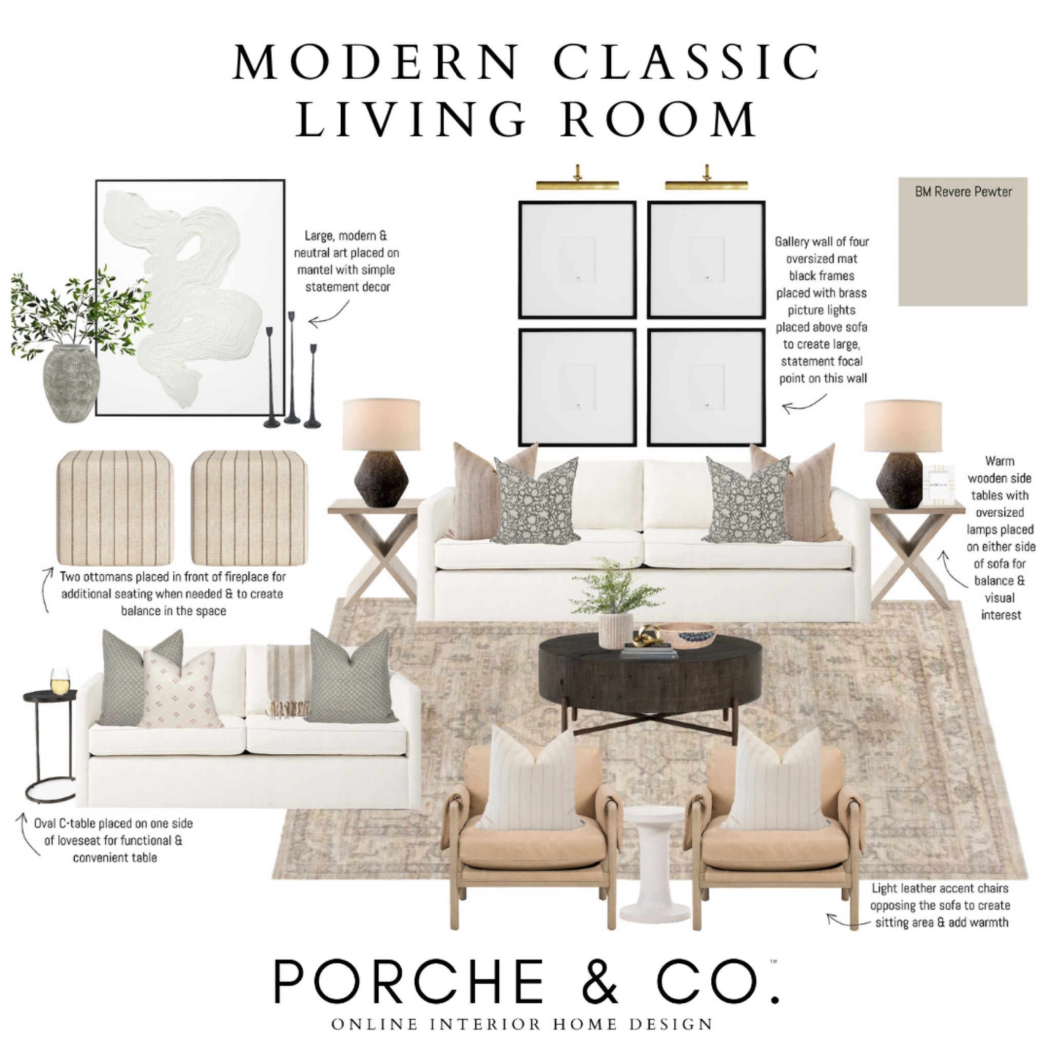 Living room mood board, living room design, transitional living room, living room decor, gallery wall, leather accent chairs, round coffee table, modern art #livingroom #moodboard 

#LTKSeasonal #LTKstyletip #LTKhome