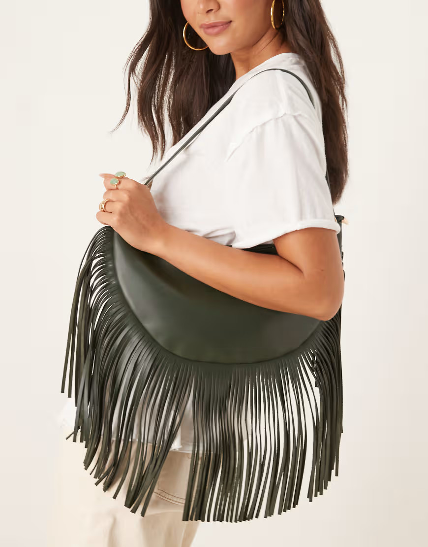 Glamorous fringed slouchy shoulder bag in olive-Black | ASOS (Global)