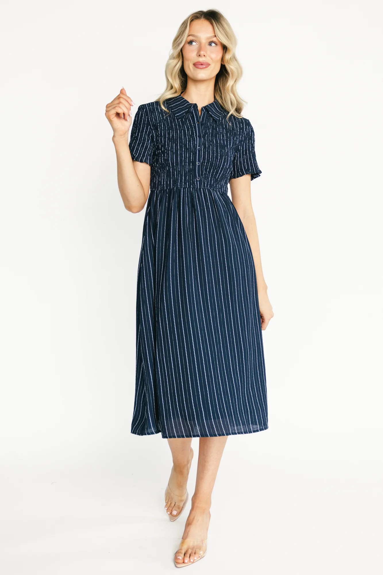 Dottie Striped Midi Dress Navy Smocked | Baltic Born | Baltic Born