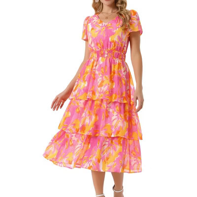 INSPIRE CHIC Women's Floral V Neck Short Sleeve Ruffle Tiered Layered Swing Summer Midi Dress Hot Pink Medium | Target
