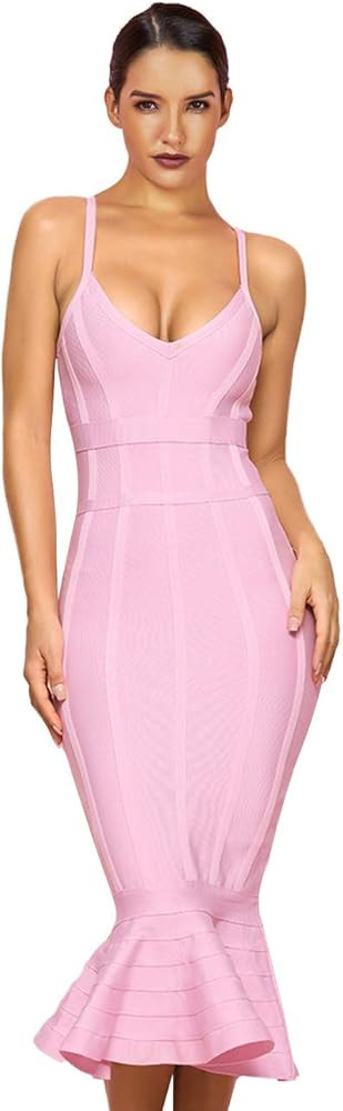 Maketina Women's Mermaid Spaghetti Strap V Neck Bodycon Midi Cocktail Bandage Dress | Amazon (US)