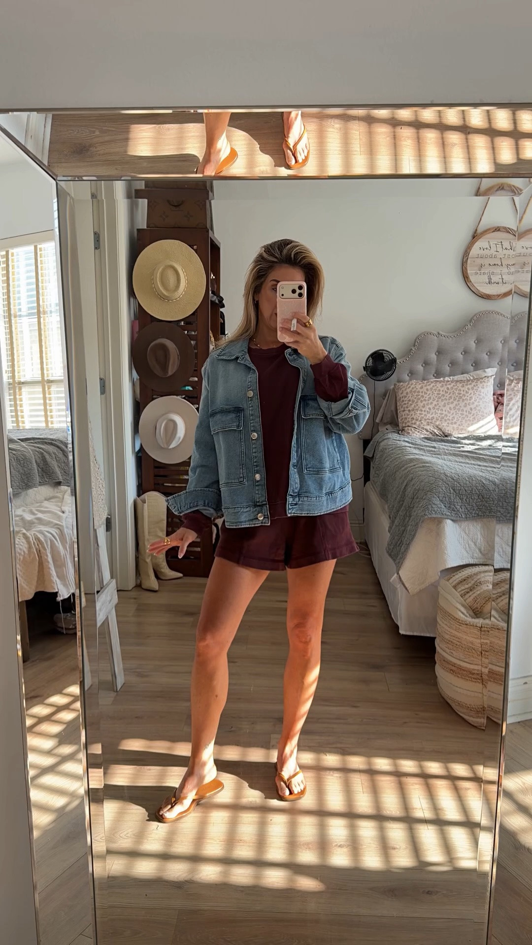 Coffee shop ootd. 💻☕️☀️ So much love for this rich burgundy color for late summer/early fall. 

Summer outfits over 40, denim jacket, fall outfits over 40, matching shorts set, cozy sets, casual weekend outfits, sandals

#LTKdayinmylife #LTKootd #LTKOver40