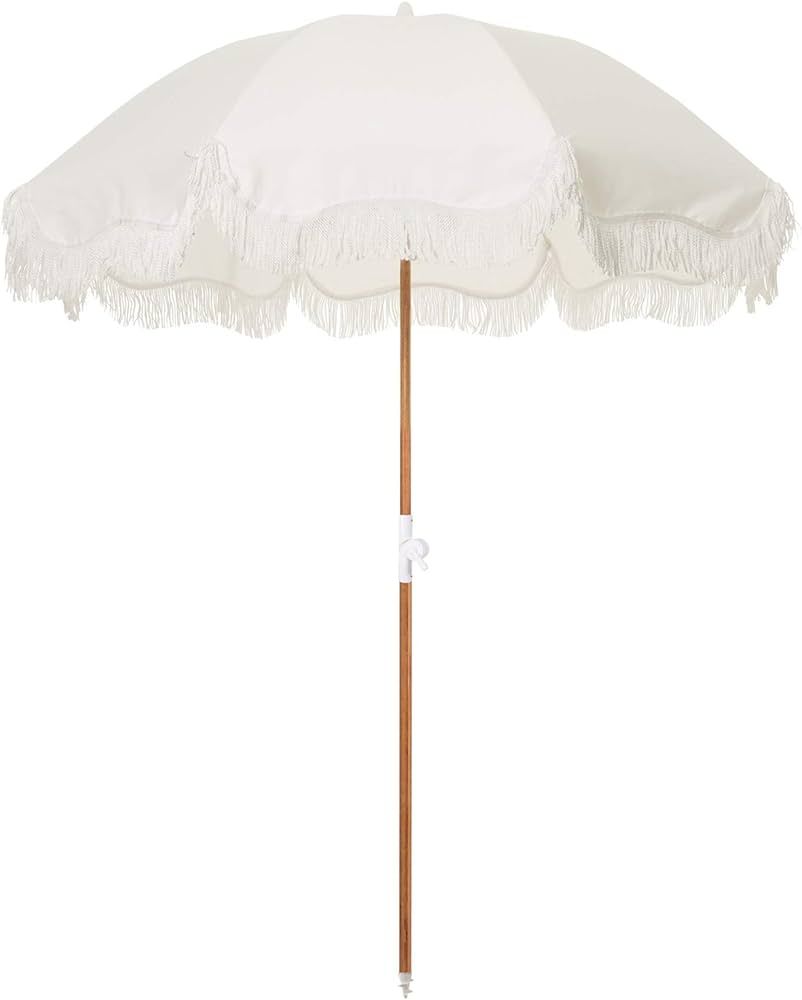 Business & Pleasure Co. Holiday Beach Umbrella ~ White Boho Fringe Umbrella, UPF 50+, 1" Tilting ... | Amazon (US)