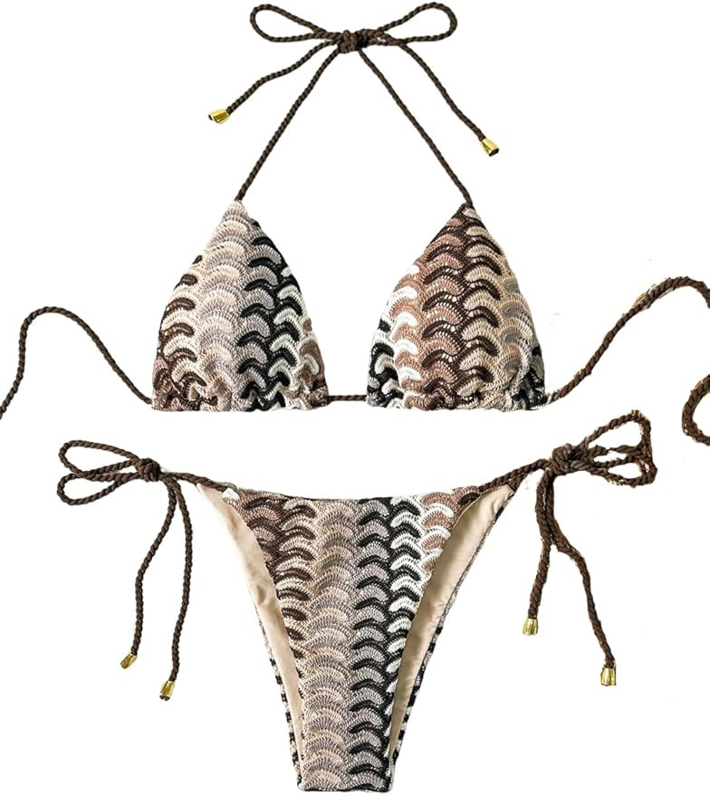 ZAFUL 2 Piece Triangle Bikini for Women Knitted Rope Halter Bikini Sets Sexy Bathing Suit Side Ti... | Amazon (US)