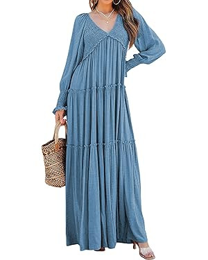 R.Vivimos Maxi Dress for Women Long Sleeve V Neck Empire Waist Layered Ruffle Boho Casual Flowy L... | Amazon (US)