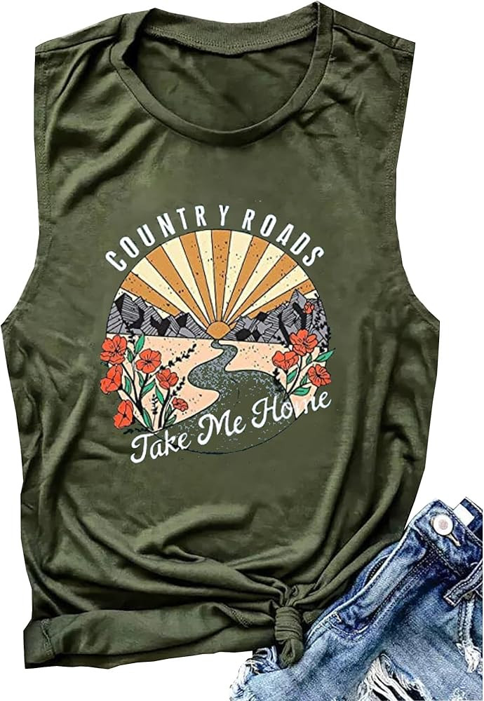 Country Roads Take Me Home Floral Tank Top for Women Hiking Mountain Sleeveless T Shirt Tees Camp... | Amazon (US)