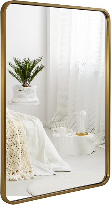 ANDY STAR Brushed Gold Mirrors for Bathroom, 24x36’’ Rounded Rectangle Mirror, Modern Brass B... | Amazon (US)