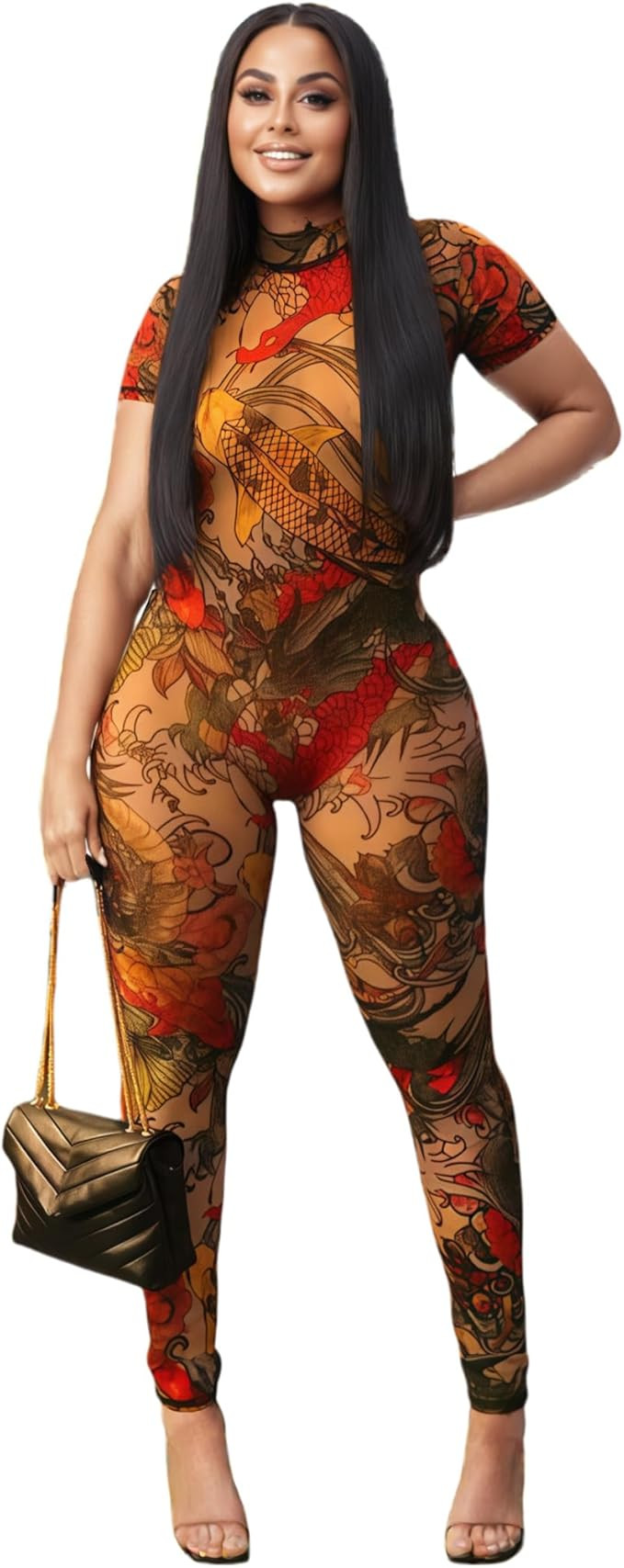 RARITYUS Women's Sheer Mesh Dragon Print Jumpsuit Sexy See Through Backless Short Sleeve Bodycon ... | Amazon (US)