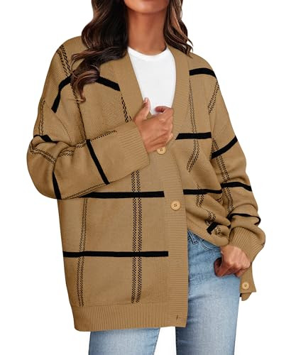 GRACE KARIN Striped Cardigans for Women Trendy 2024 Fall Oversized Cardigans Chunky Knit Sweater Outwear Brown S | Amazon (US)