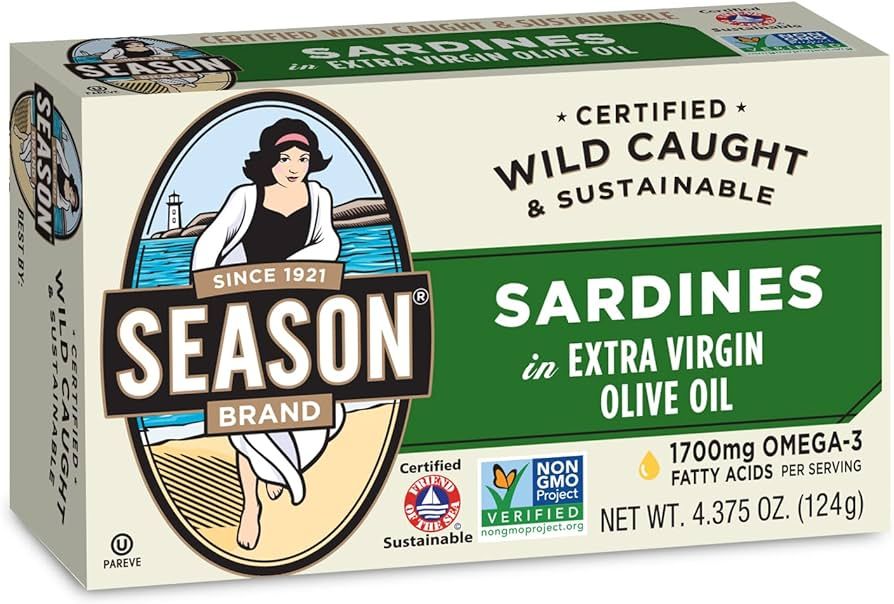 Season Sardines in Extra Virgin Olive Oil – Wild Caught, 22g of Protein, Keto Snacks, More Omeg... | Amazon (US)