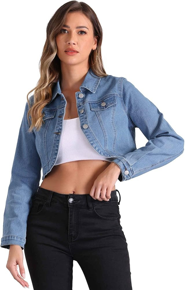 Allegra K Denim Jacket for Women's 2025 Casual Collared Long Sleeve Crop Jean Jackets | Amazon (US)