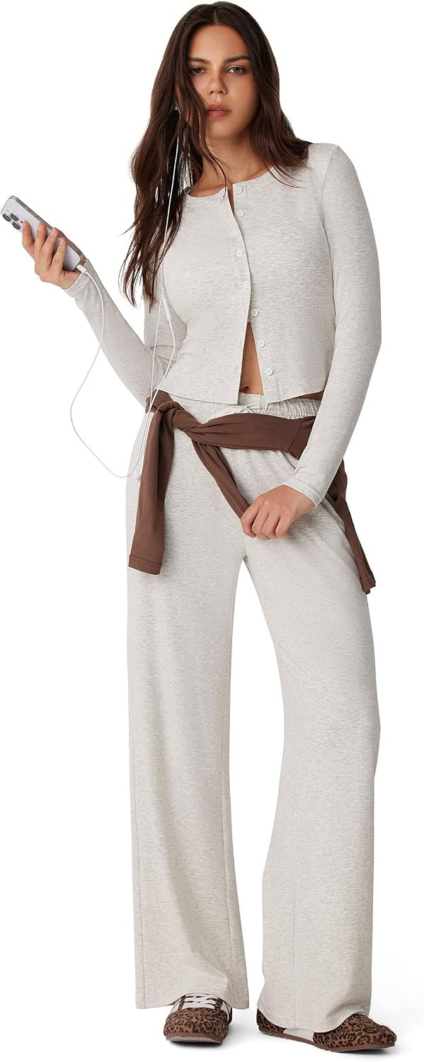 MOOSLOVER Women Long Sleeve 2 Piece Lounge Set Button Up Cardigan Matching Sets Wide Leg Y2K Airport Travel Outfits | Amazon (US)