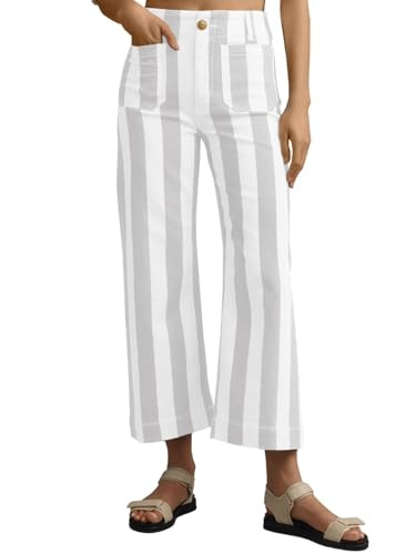 Tankaneo Womens Cropped Striped Jeans Casual High Waisted Stretchy Straight Leg Denim Pants with Pockets Grey | Amazon (US)