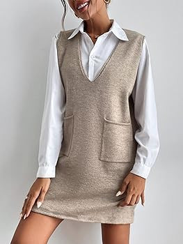 OYOANGLE Women's V Neck Sleeveless Knitted Solid Short Sweater Dress with Pockets | Amazon (US)