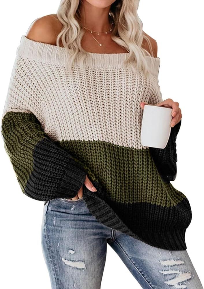 VIMPUNEC Womens Oversized Sweater Color Block Off The Shoulder Pullover Sweaters Cable Knit Chunk... | Amazon (US)