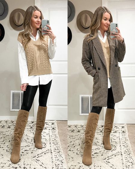 Preppy Outfit: Sweater Vest with White Button-Down Shirt, Faux Leather Leggings, Knee-High Boots, and Houndstooth Blazer Coat

#LTKunder50 #LTKunder100 #LTKstyletip