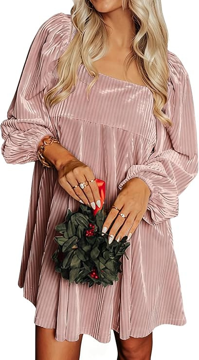 miduo Womens Loose Fit Square Neck Long Sleeve Velvet Mini Babydoll Dresses Shift Dress | Amazon (US)