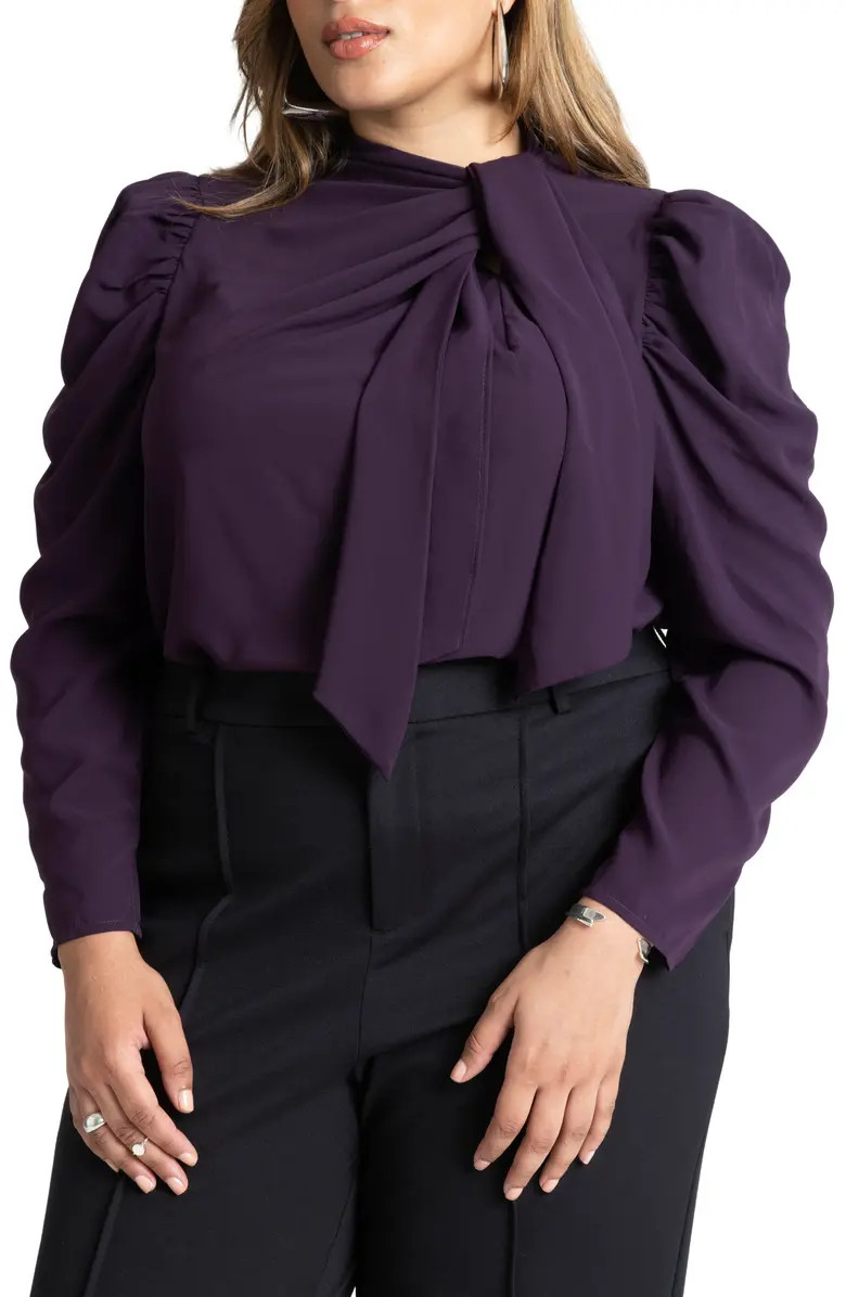 ELOQUII Tie Neck Puff Shoulder Shirt | Nordstrom | Nordstrom