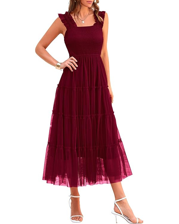 PRETTYGARDEN Women's Summer Tulle Midi Dress Sleeveless Smocked Ruffle Flowy Mesh Dresses Party W... | Amazon (US)