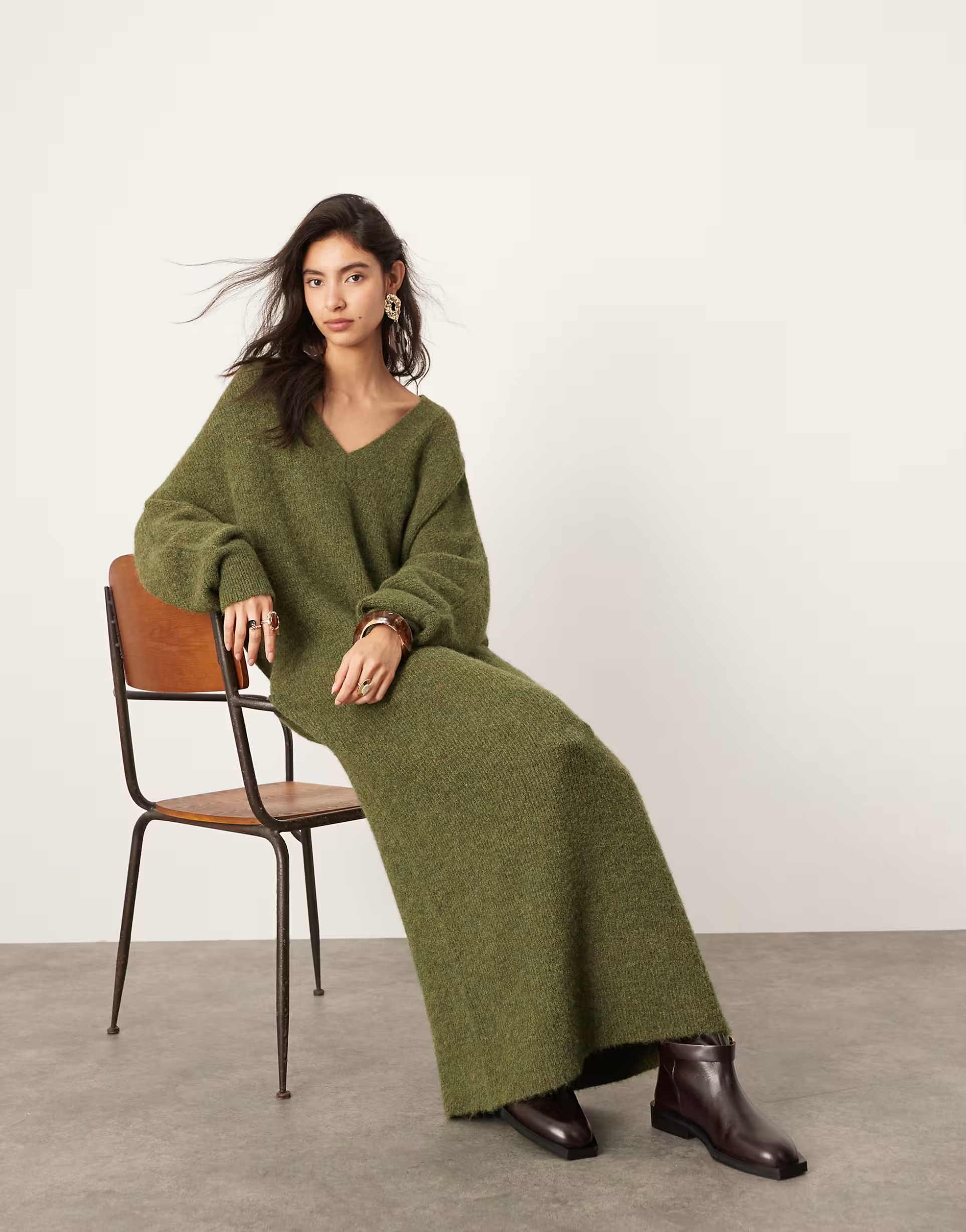 ASOS EDITION knit v neck maxi dress in khaki green | ASOS (Global)