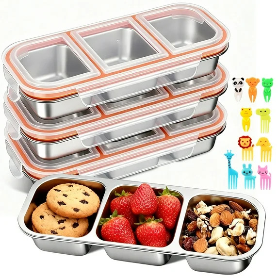 3 Pack Stainless Steel Snack Containers, 3 Compartment Metal Bento Lunch Box with 10 Mini Fruit F... | Walmart (US)