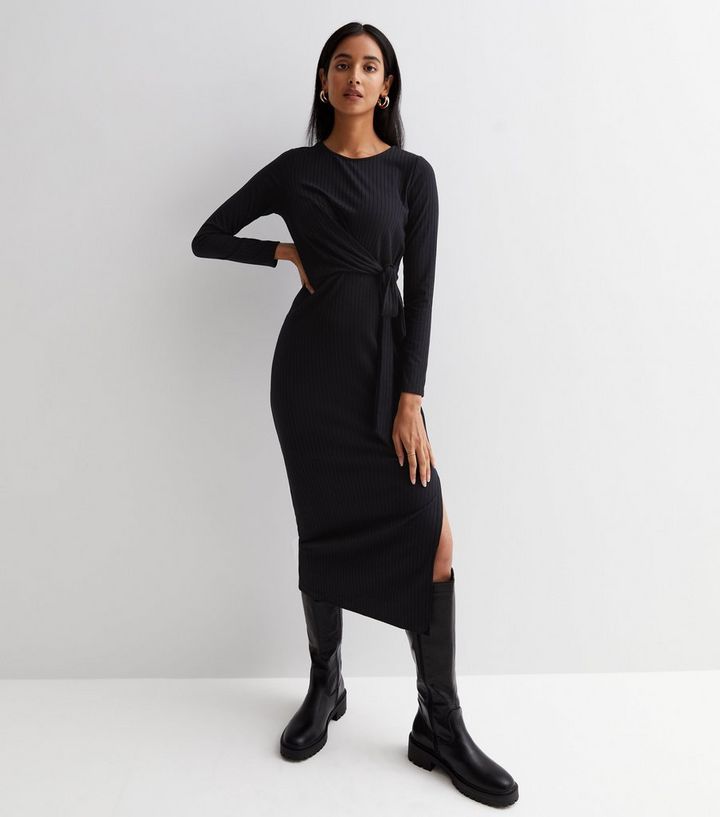 Black Ribbed Jersey Tie Side Long Sleeve Midi Dress
						
						Add to Saved Items
						Remove ... | New Look (UK)