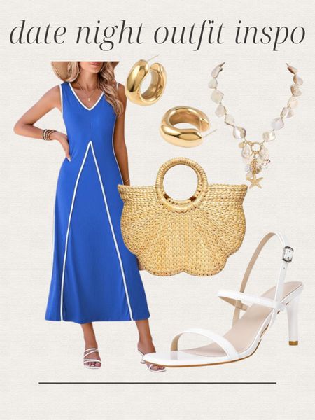 Amazon summer outfit inspo, date night outfit inspo, maxi dress, charm necklace, gold earrings, straw handbag, sandals, white heels, summer outfit, vacation outfit, date night outfit 
 

#LTKFindsUnder50 #LTKItBag #LTKStyleTip
