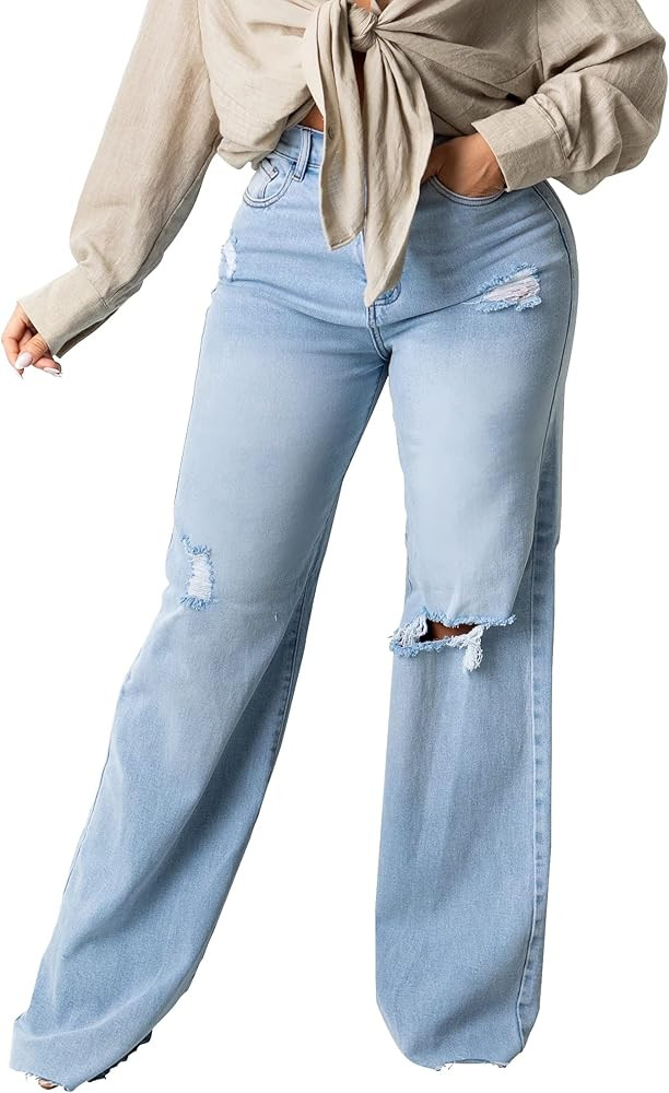 HTD Women's Ripped Wide Leg Jeans Casual Y2K Distressed Baggy Denim Pants | Amazon (US)