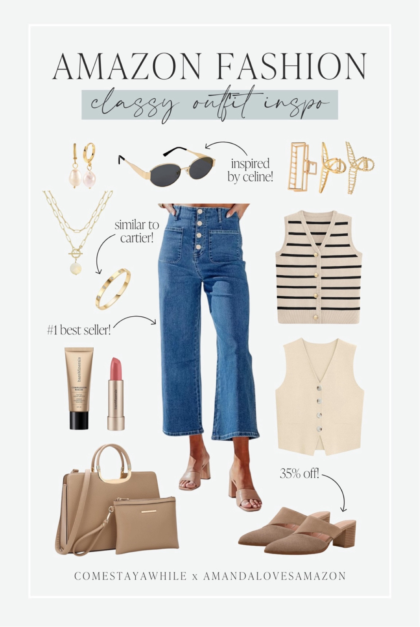 Cute cropped wide leg jeans outfit inspo from Amazon! Shop trendy casual outfits for women. Work wear for women. Designer inspired accessories. Get the look for less. Gold jewelry for women. Bare Minerals makeup. Come Stay Awhile. Amanda Vernaci. Amanda Loves Amazon

#LTKShoeCrush #LTKBeauty #LTKStyleTip