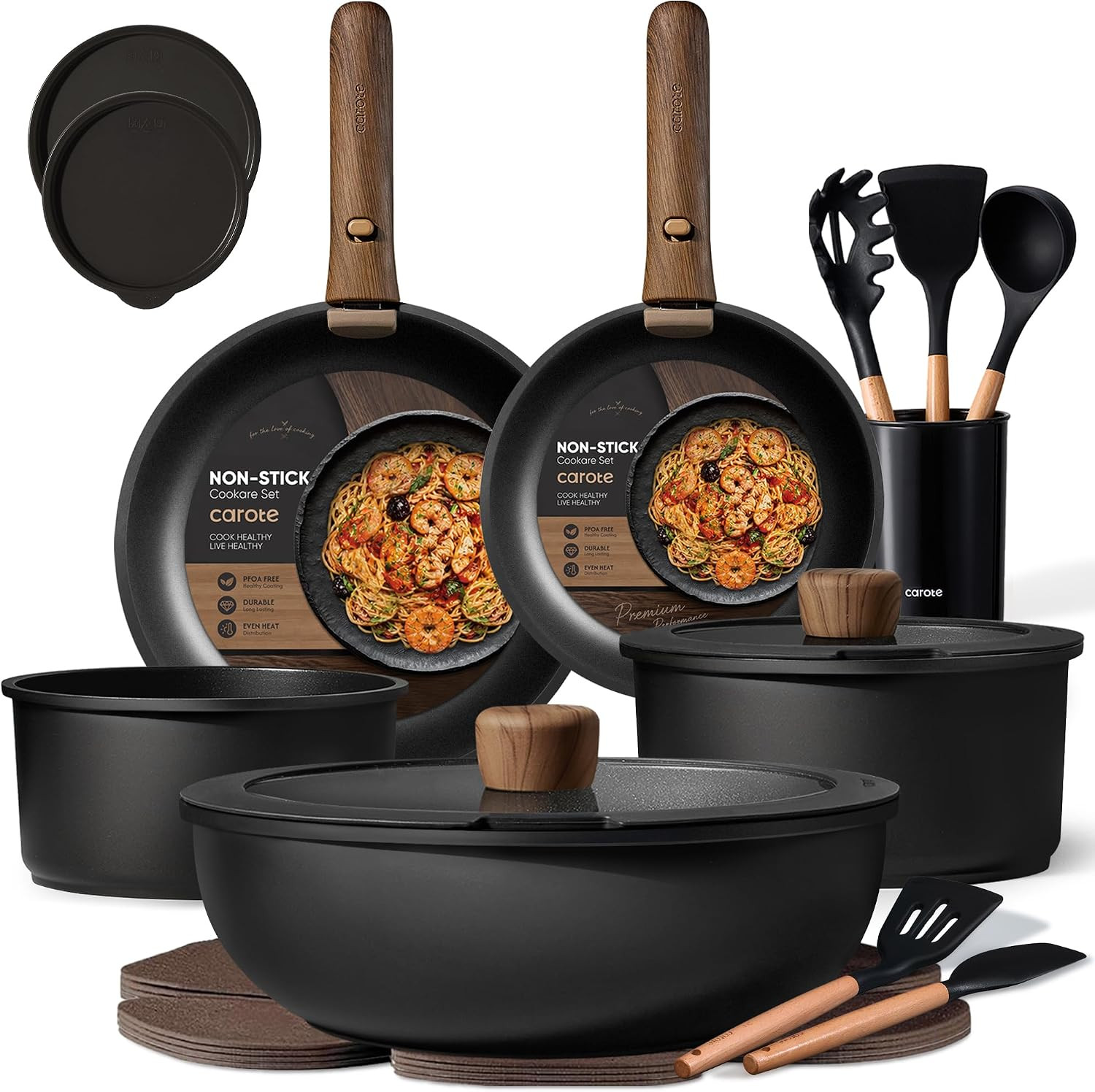 CAROTE 21pcs Pots and Pans Set Non Stick, Detachable Handle Cookware, Black | Amazon (US)
