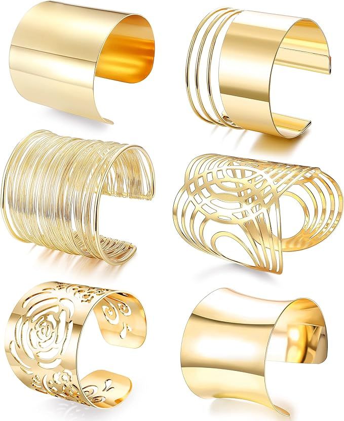 SAILIMUE 6 Pcs Cuff Bangle Bracelet for Women Gold Cuff Bracelets Open Wide Wire Bracelets Adjust... | Amazon (US)
