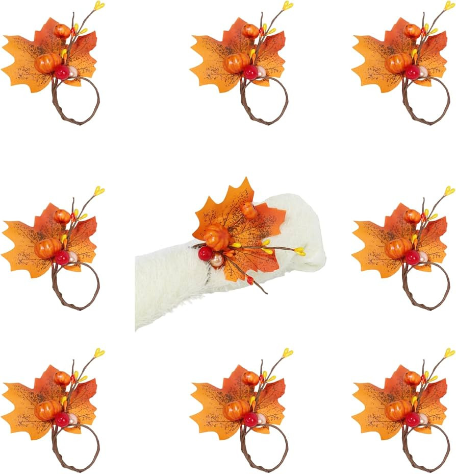 8-Pack Napkin Rings - Pumpkin & Maple Leaf Design for Halloween, Thanksgiving, Autumn Wedding, an... | Amazon (US)