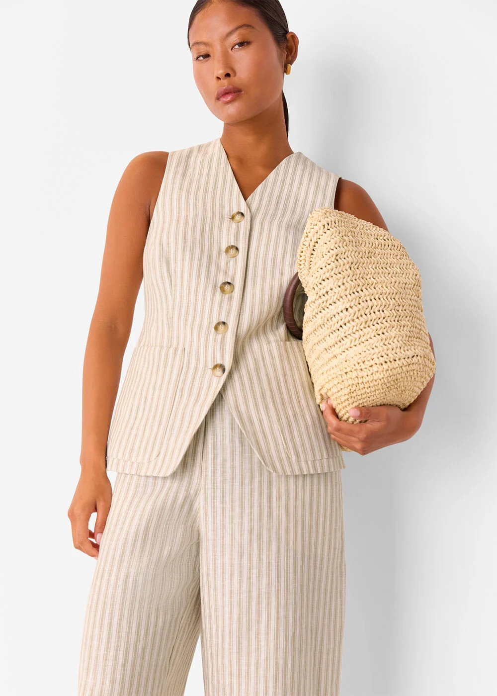 Neutral Petite Linen Stripe Waistcoat | WHISTLES | Whistles UK | | Whistles